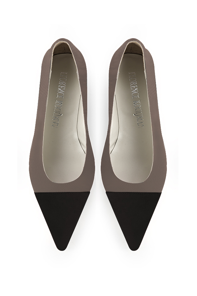 Matt black and taupe brown women's dress pumps, with a round neckline. Pointed toe. Flat block heels. Top view - Florence KOOIJMAN